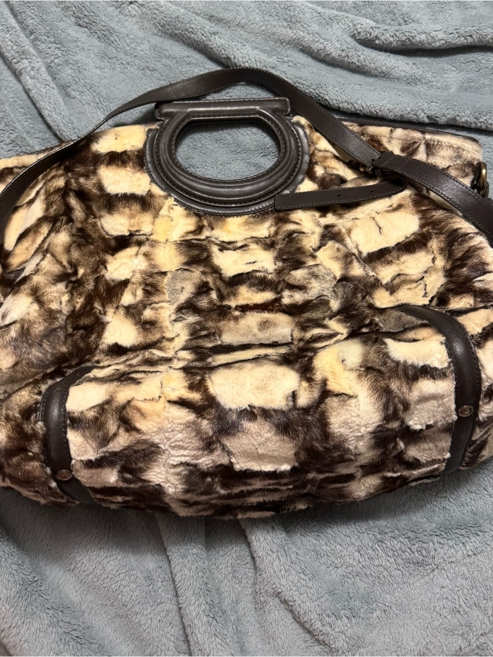 Salvatore Ferragamo White Brown Mink Fur Tote/Boho Bag
